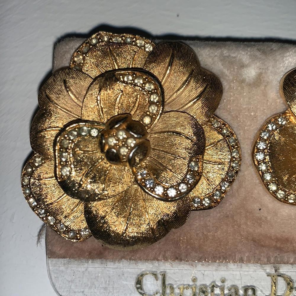 Vintage Christian Dior Large Crystal Rose Flower Large Clip on Earrings - Picture 3 of 12